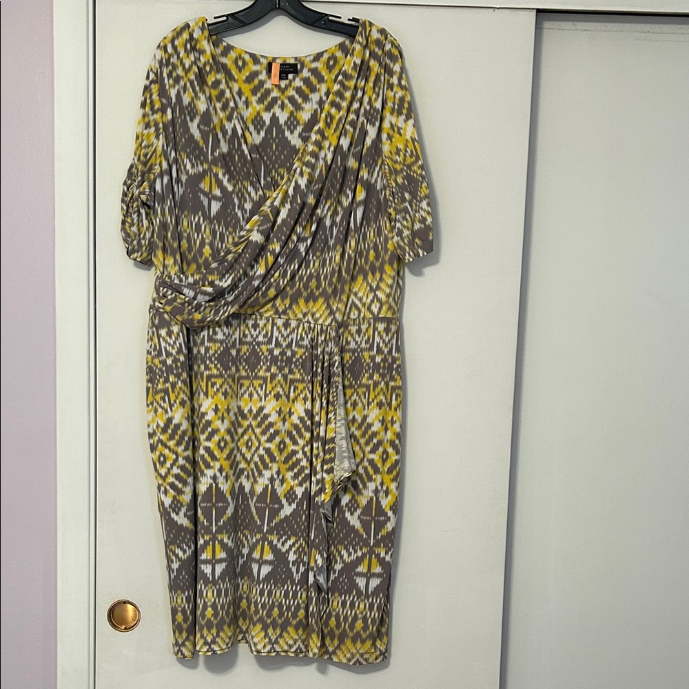 Tahari Asymmetrical Dress Yellow and Gray